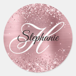 Glittrande Ljusrosa Folie Monogram Runt Klistermärke