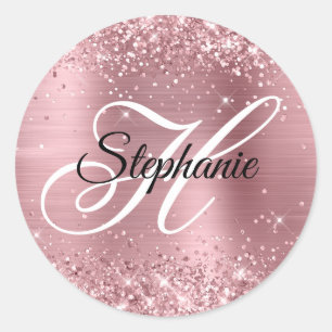 Glittrande Ljusrosa Folie Monogram Runt Klistermärke