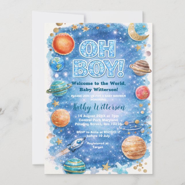 Glittrande månstjärnor galax baby shower inbjudningar (Framsida)