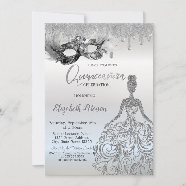 Glittrande maskklänning Drips Silver Quinceanera Inbjudningar (Framsida)