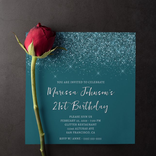 Glittrande mörk teal 21-årsdag inbjudningar (Sparkly Glittery Dark Teal 21st Birthday Invitation)
