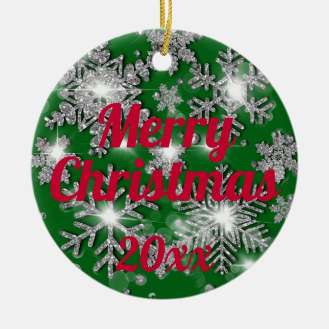 Glittrande mousserande snöflingor från silver julgransprydnad keramik (Framsidan)