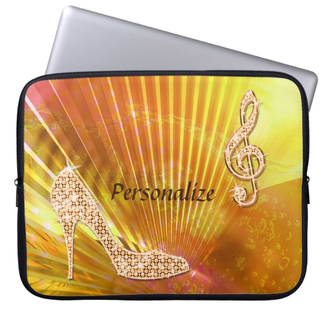 Glittrande Orange Musiknot & Stilettklack Laptop Sleeve (Framsidan)