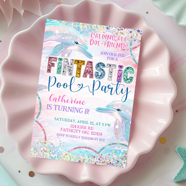 Glittrande paljett Fintastic Dolfön Birthday inbju Inbjudningar (Skapare uppladdad)