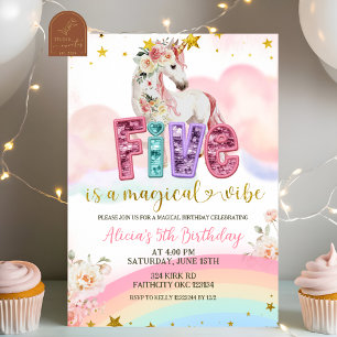Glittrande paljett Magisk Enhörning 5-årsdag Inbjudningar