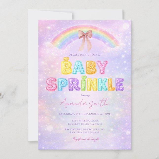 Glittrande pastellregnbåge baby sprinkle  inbjudningar (Framsida)
