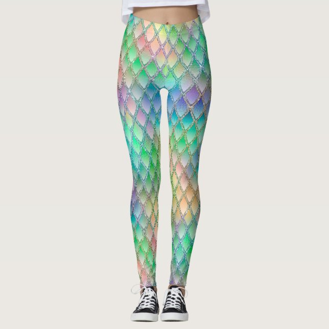 Glittrande Pastellregnbåge & Glittrande Fjäll på D Leggings (Framsida)