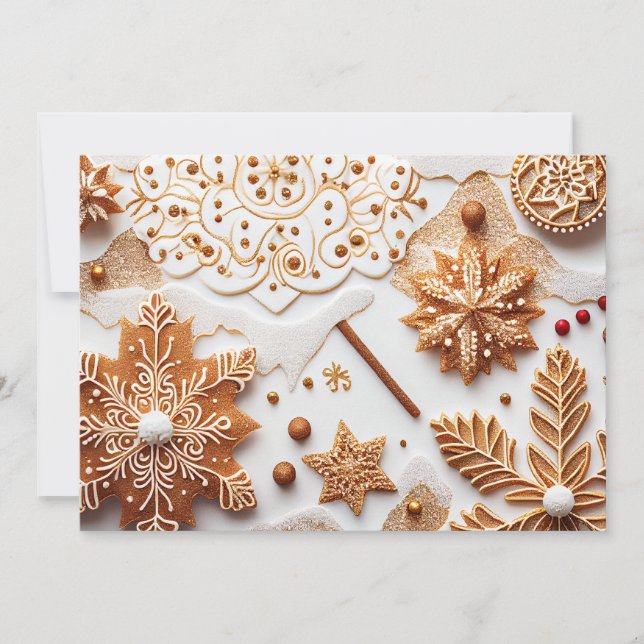 Glittrande pepparkakor och kanel snöflingor julkort (Framsida)