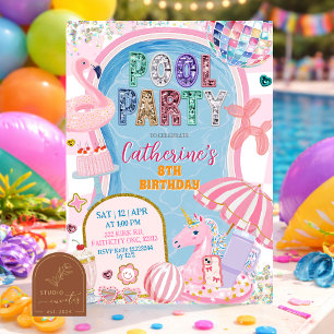 Glittrande Poolparty Flicktema Födelsedag Inbjudningar