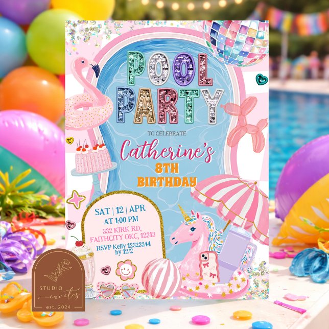 Glittrande Poolparty Flicktema Födelsedag Inbjudningar (Skapare uppladdad)