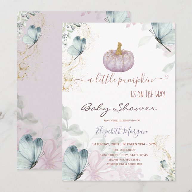 Glittrande pumpa blå fjärilar Baby Shower   Inbjudningar (Fram/baksida)