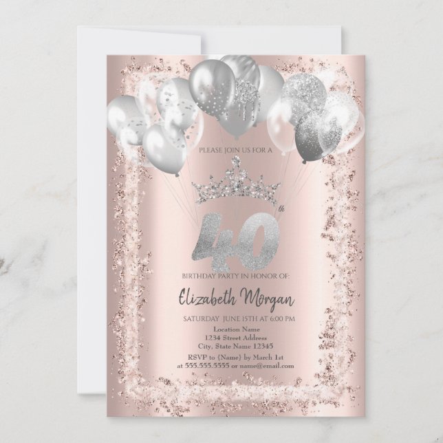 Glittrande ram, Silverkrona, Ballonger 40-årsdag Inbjudningar (Framsida)