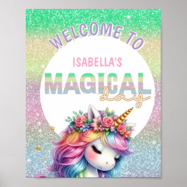 Glittrande regnbåge enhörning magisk välkomstskylt poster