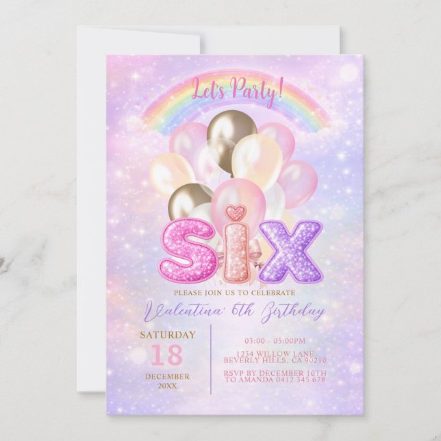 Glittrande regnbåge glitter sex ballonger födelsed inbjudningar (Framsida)