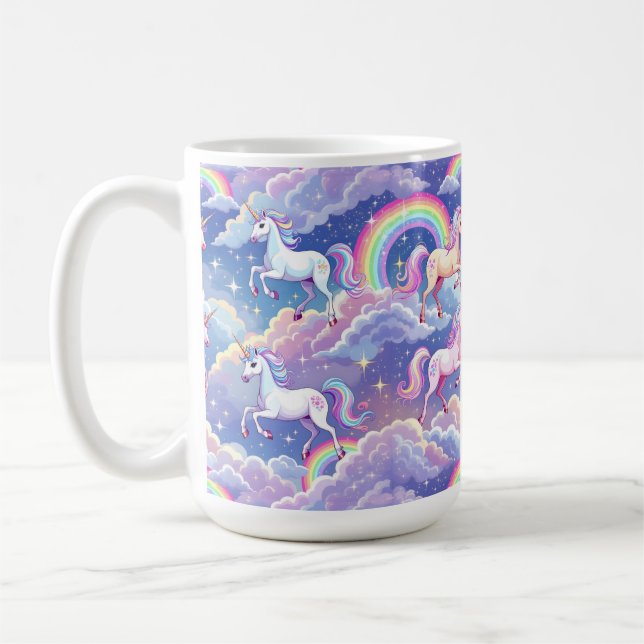 Glittrande regnbåge och enhörningar på moln kaffemugg (Vänster)