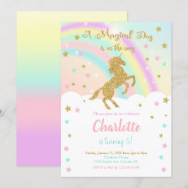 Glittrande regnbågsfödelsedagsinbjudan med enhörni inbjudningar