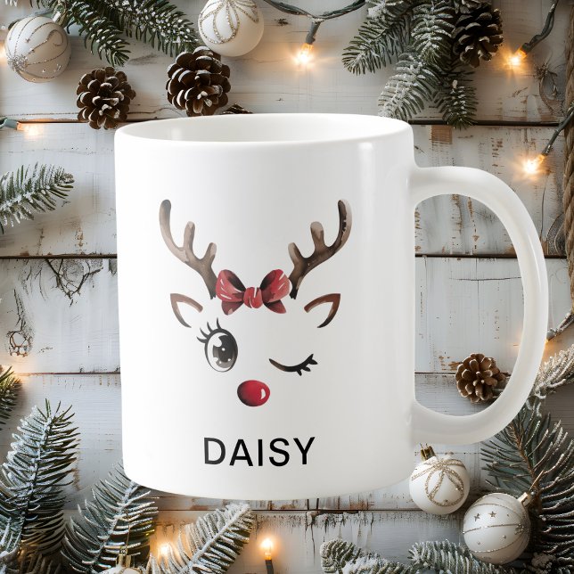 Glittrande Röd Båg Ren Jul Anpassat Namn Kaffemugg (Winking Red Bow Reindeer Christmas Custom Name Coffee Mug
)