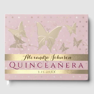 Glittrande Röda Guld Fjärilar Quinceanera Gästböcker