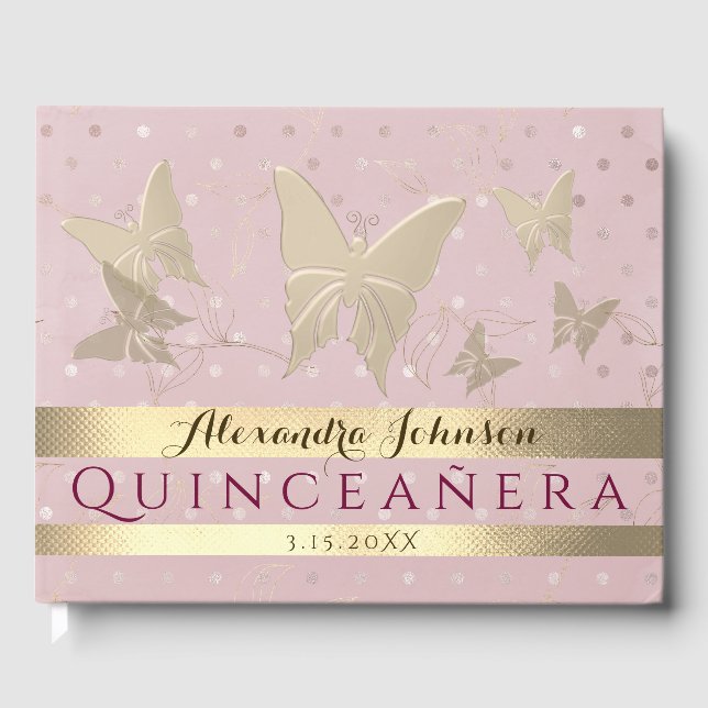 Glittrande Röda Guld Fjärilar Quinceanera Gästböcker (Framsida)