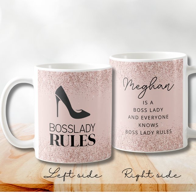 Glittrande rosa Boss Lady styr Personlig Kaffemugg (Blush Glitter Boss Lady Rules Stiletto Logo  Personalized Coffee Mug)