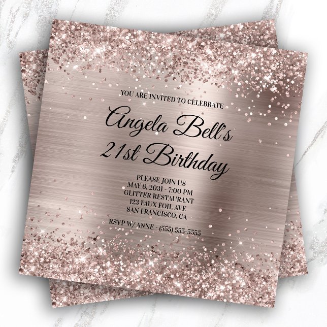 Glittrande rosa champagne falsk folie fancy monogr inbjudningar (Glittery Pink Champagne Faux Foil Fancy Monogram Invitation)