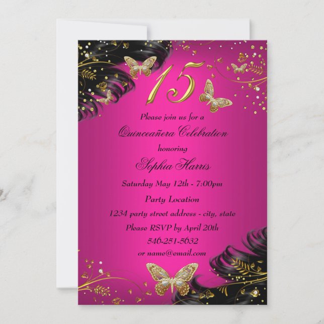 Glittrande Rosa & Guld Fjäril Quinceanera Inbjudan (Framsida)