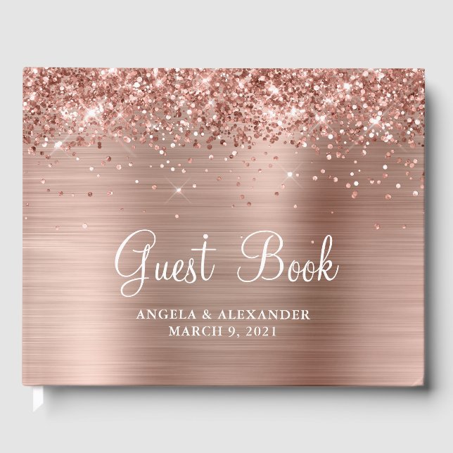 Glittrande Rosa Guld Folie Bröllop Gästböcker (Framsida)