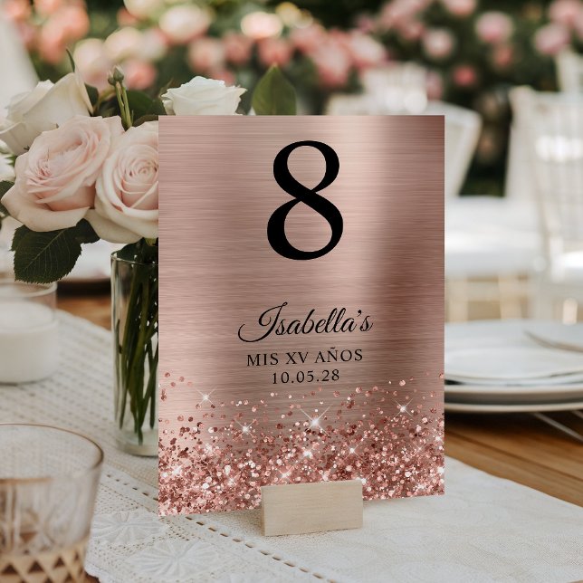 Glittrande Rosa Guld Folie Mis XV År Bordsnummer (Glittery Rose Gold Foil Mis XV Anos Table Number)