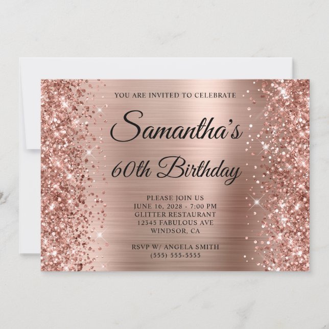 Glittrande Rosa Guld Folie Monogram 60-årsdag Inbjudningar (Framsida)