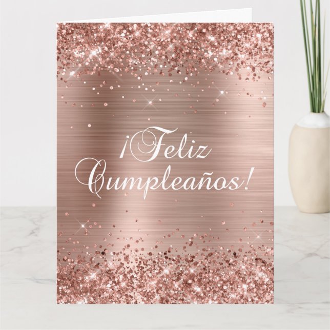 Glittrande Rosa Guld Folie Stor Feliz Cumpleaños Kort (Framsida)