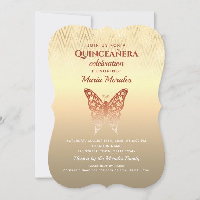 Glittrande Rosa Guld Quinceanera Inbjudan (Framsida)