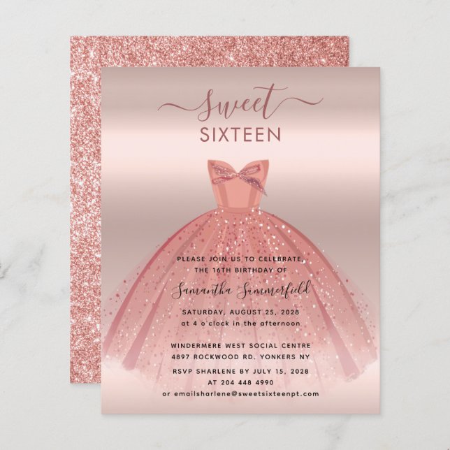 Glittrande Rosa Guld Skrift Söt 16 Festsedel (Fram/baksida)