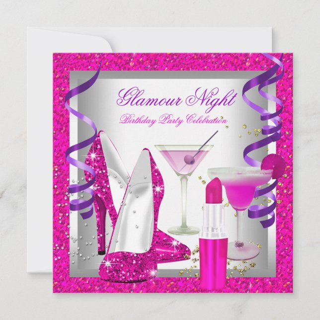 Glittrande Rosa Lila Glamour Natt Martini Fest Inbjudningar (Framsida)