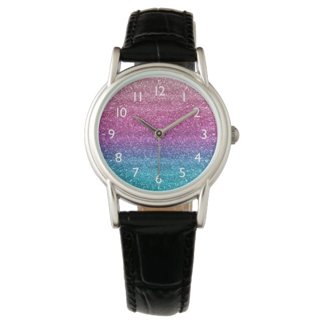 Glittrande rosa och blå gradientglitter armbandsur (Framsida)