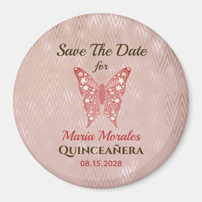 Glittrande Rosa Quinceanera Spara Datum Magnet (Framsidan)