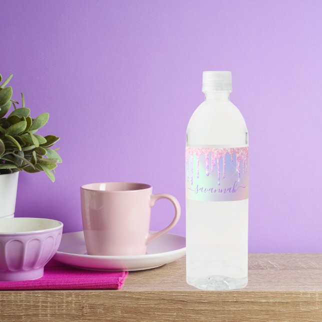 Glittrande rosa roséguld regnbåge holografiskt nam vattenflaskor etikett (Skapare uppladdad)