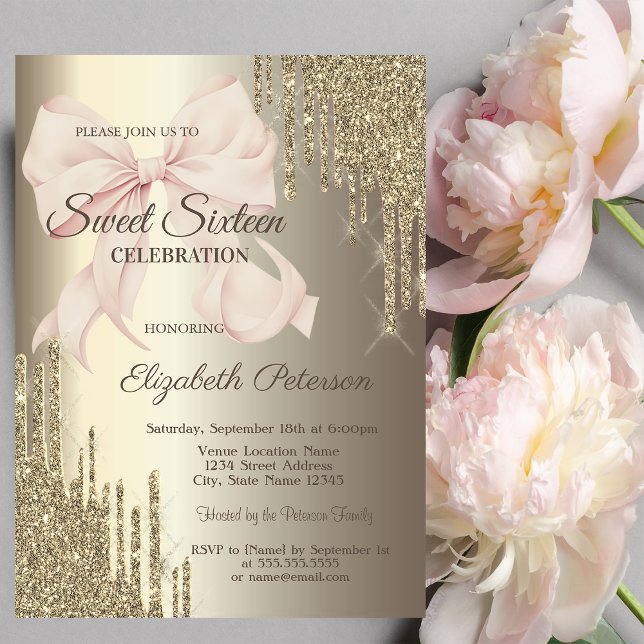 Glittrande Rosa Rosett Champagne Sweet 16 Inbjudningar (Skapare uppladdad)
