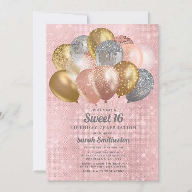 Glittrande rosa silver guld ballonger Sweet 16 Inbjudningar (Framsida)