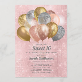 Glittrande rosa silver guld ballonger Sweet 16 Inbjudningar