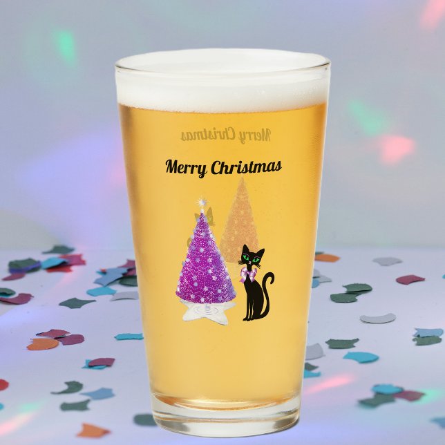 Glittrande Rosa Silver Julgran Svart Katt Slinga Glaskopp (Sparkle pink silver tree black cat pink bow on Merry Christmas drinking glass.)