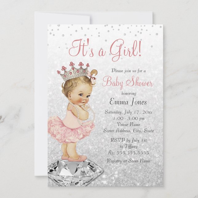 Glittrande Rosa Silver Prinsessa Bebisens Första D Inbjudningar (Framsida)