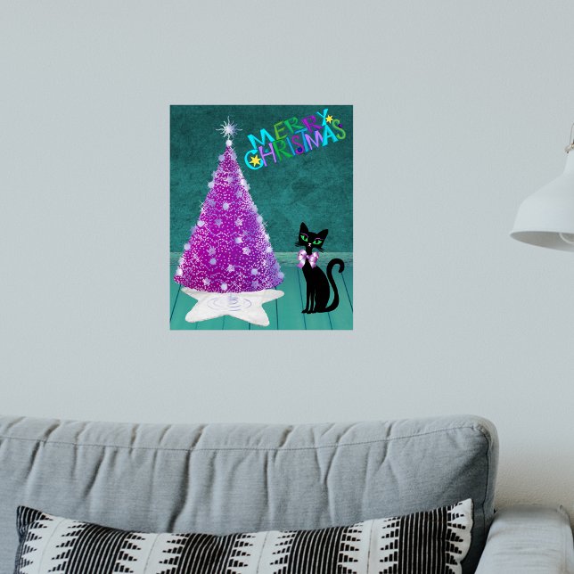 Glittrande Rosa Silver Träd God Jul Svart Katt Poster (Sparkle pink silver tree black cat with bow in Teal room on Merry Christmas poster.)