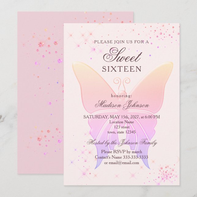 Glittrande rosa Sweet 16 födelsedagsinbjudan Inbjudningar (Fram/baksida)