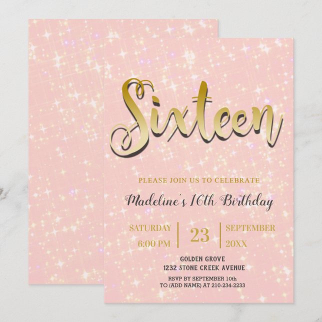 Glittrande Rosa | Sweet 16 Inbjudningar (Fram/baksida)