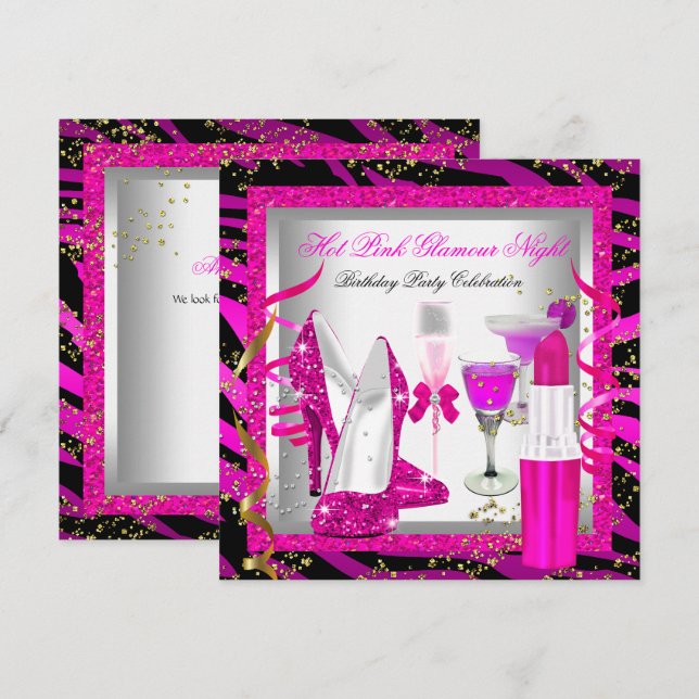 Glittrande Rosa Zebra Glamour Natt Födelsedagsfest Inbjudningar (Fram/baksida)