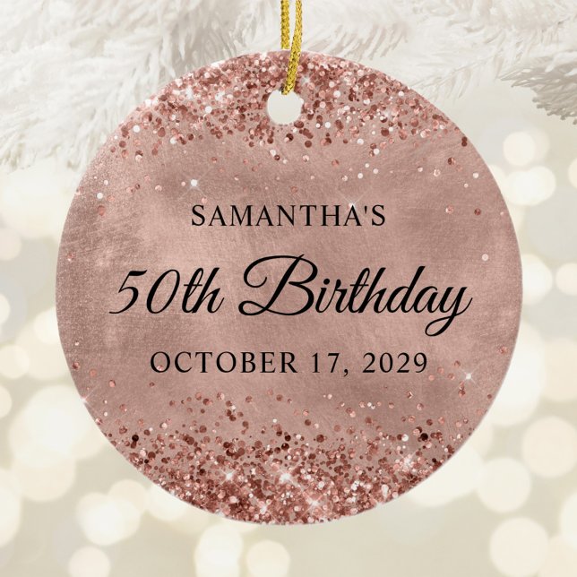 Glittrande Rose Gold 50-årsfirande Julgransprydnad Keramik (Glittery Rose Gold 50th Birthday Ceramic Ornament)