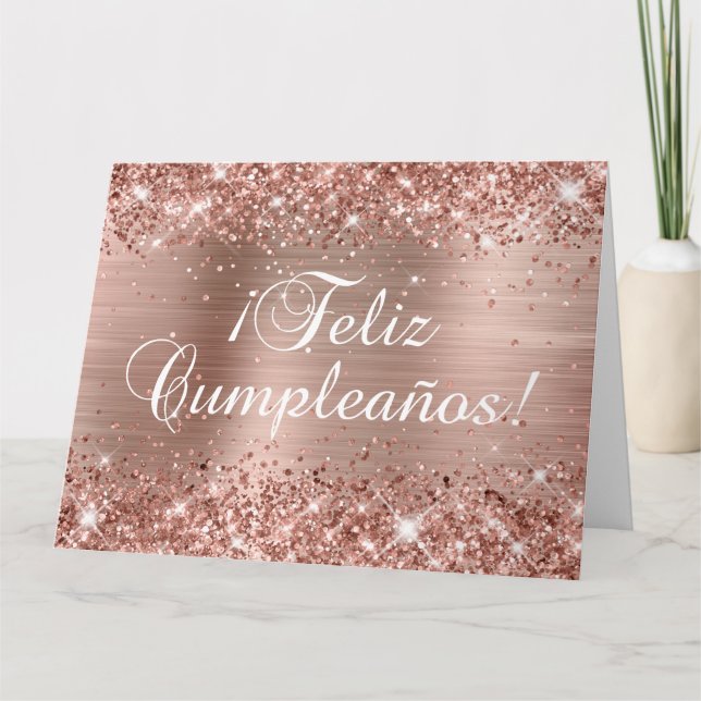 Glittrande Rose Gold Folie Feliz Cumpleaños Grupp Kort (Framsida)