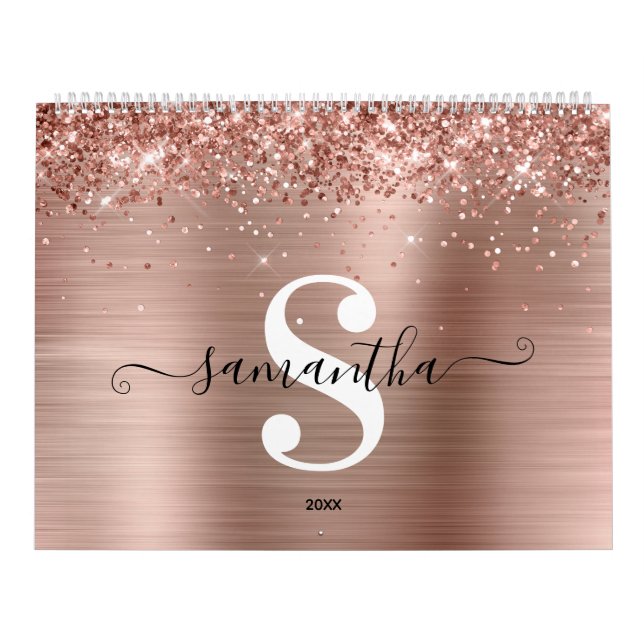 Glittrande Rose Gold Folie Signatur Monogram Foto Kalender (Omslag)
