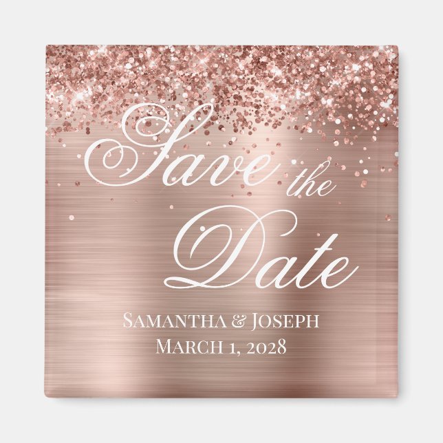 Glittrande Rose Gold Folie Spara Datum Magnet (Framsidan)
