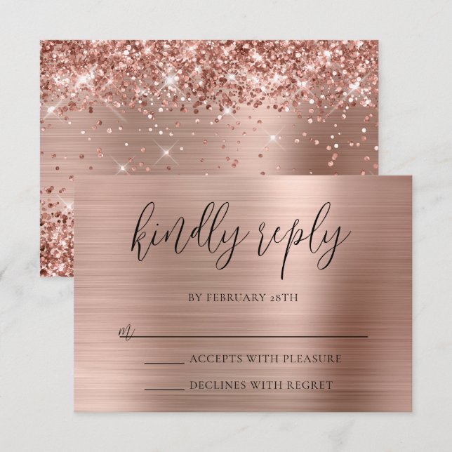 Glittrande Rose Gold Folie Vänligen Svara Bröllop OSA Kort (Fram/baksida)